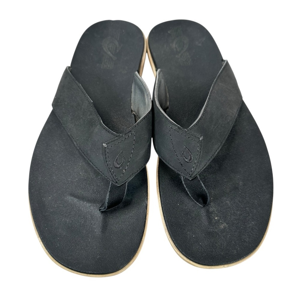 OluKai Holona Black Leather Flip Flop Sandals Comfort Beach Travel Mens 12